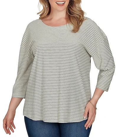 Ruby Rd. Plus Size Knit Stripe Boat Neck 3/4 Sleeve Top
