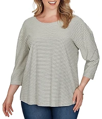 Ruby Rd. Plus Size Knit Stripe Boat Neck 3/4 Sleeve Top