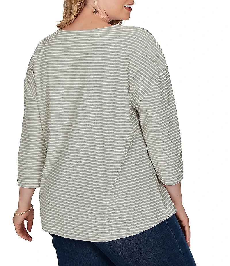 Ruby Rd. Plus Size Knit Stripe Boat Neck 3/4 Sleeve Top