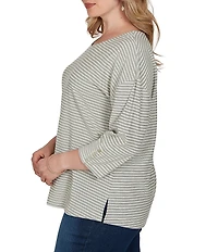 Ruby Rd. Plus Size Knit Stripe Boat Neck 3/4 Sleeve Top
