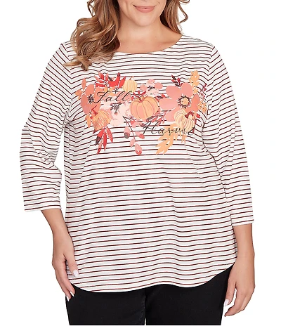 Ruby Rd. Plus Size Knit Stripe Floral Harvest Fall Graphic Top