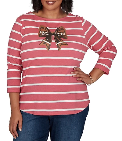 Ruby Rd. Plus Size Knit Stripe Football Bow Boat Neck 3/4 Sleeve Tee