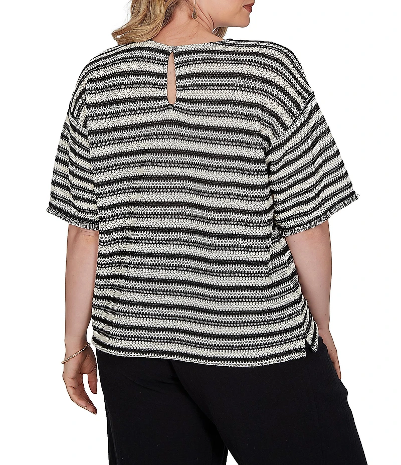 Ruby Rd. Plus Size Knit Stripe Scoop Neck Short Fringe Sleeve Tee