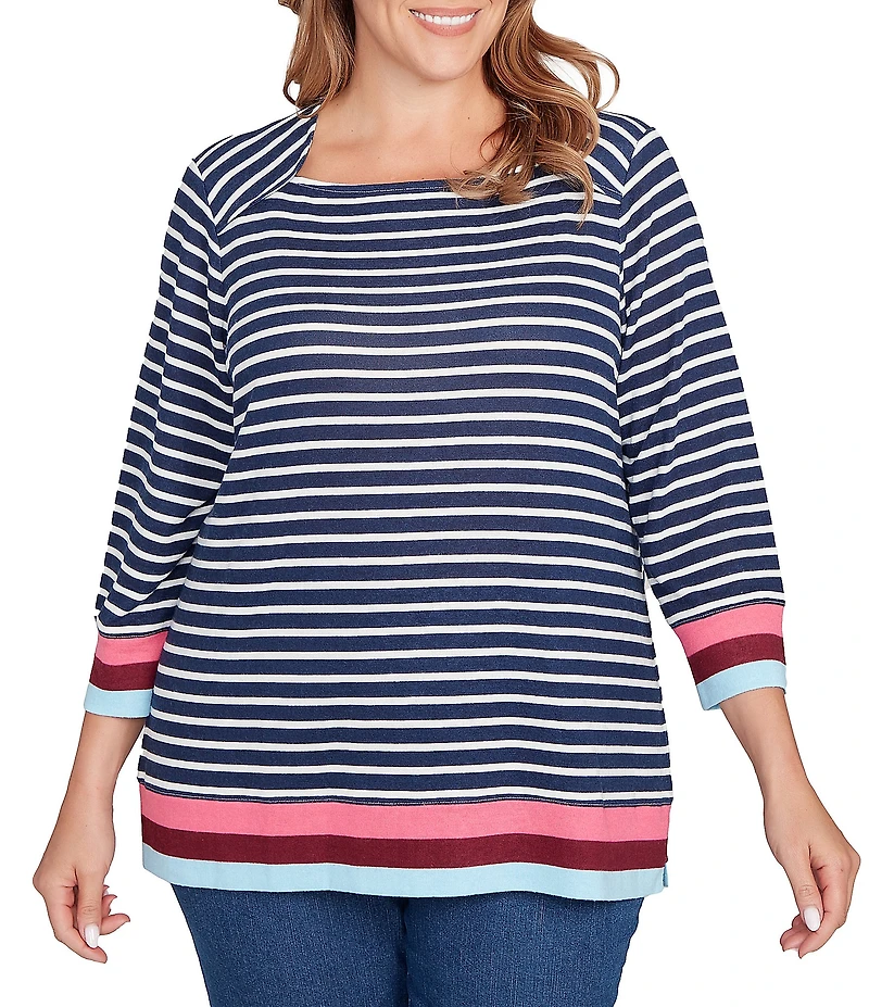 Ruby Rd. Plus Size Knit Stripe Square Neck 3/4 Sleeve Side Slit Top