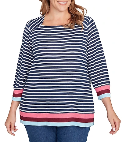 Ruby Rd. Plus Size Knit Stripe Square Neck 3/4 Sleeve Side Slit Top