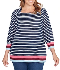 Ruby Rd. Plus Size Knit Stripe Square Neck 3/4 Sleeve Side Slit Top