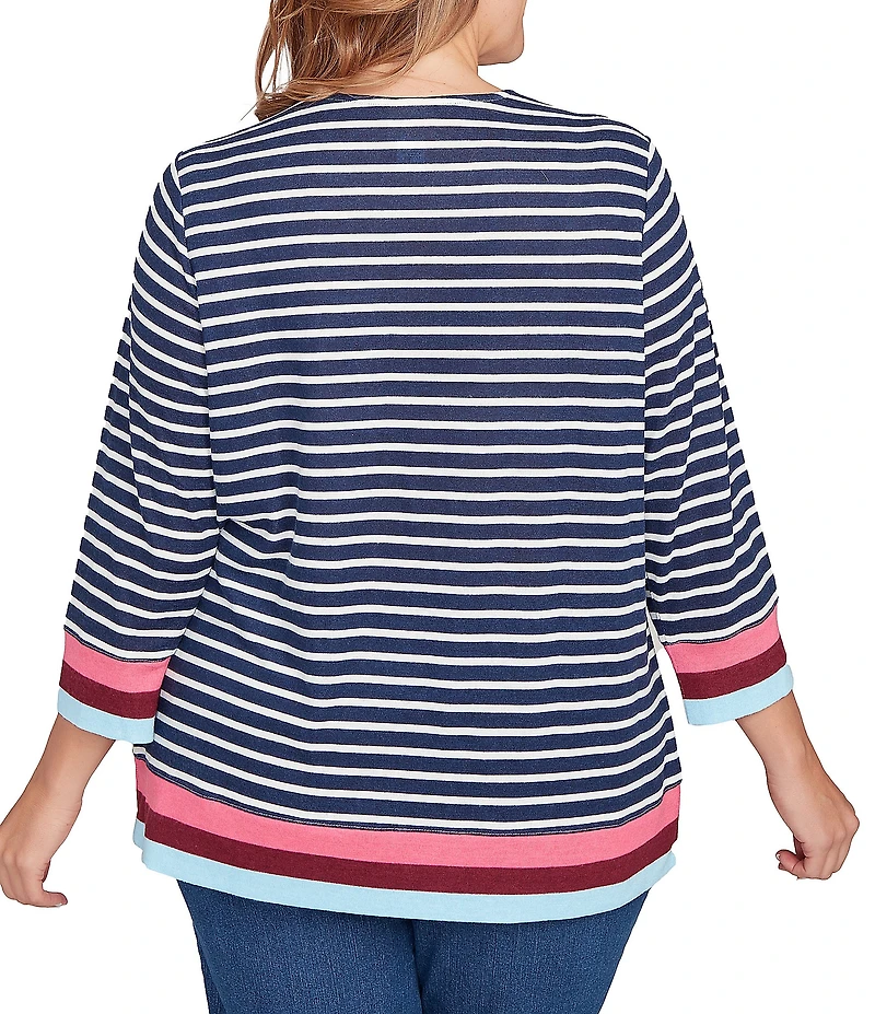 Ruby Rd. Plus Size Knit Stripe Square Neck 3/4 Sleeve Side Slit Top