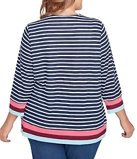 Ruby Rd. Plus Size Knit Stripe Square Neck 3/4 Sleeve Side Slit Top