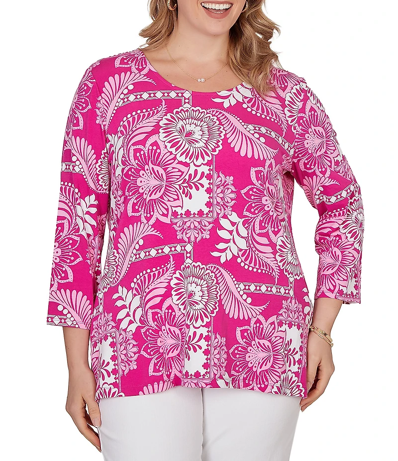 Ruby Rd. Plus Size Knit Tropical Patchwork Print Scoop Neck 3/4 Sleeve Top