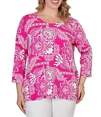 Ruby Rd. Plus Size Knit Tropical Patchwork Print Scoop Neck 3/4 Sleeve Top