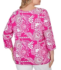 Ruby Rd. Plus Size Knit Tropical Patchwork Print Scoop Neck 3/4 Sleeve Top