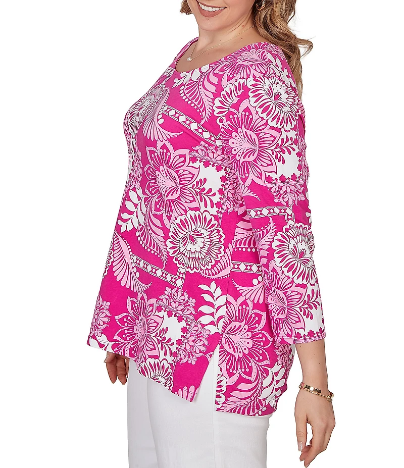 Ruby Rd. Plus Size Knit Tropical Patchwork Print Scoop Neck 3/4 Sleeve Top