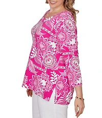 Ruby Rd. Plus Size Knit Tropical Patchwork Print Scoop Neck 3/4 Sleeve Top