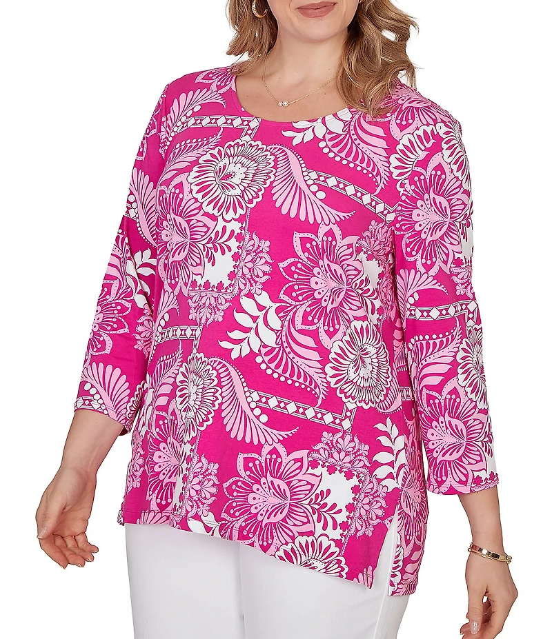 Ruby Rd. Plus Size Knit Tropical Patchwork Print Scoop Neck 3/4 Sleeve Top