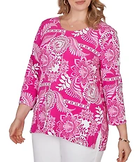 Ruby Rd. Plus Size Knit Tropical Patchwork Print Scoop Neck 3/4 Sleeve Top