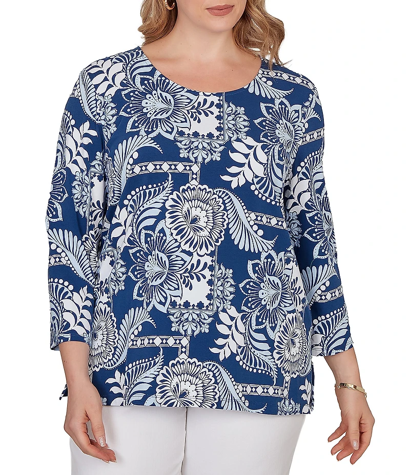 Ruby Rd. Plus Size Knit Tropical Patchwork Print Scoop Neck 3/4 Sleeve Top