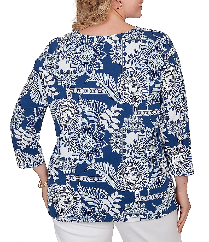 Ruby Rd. Plus Size Knit Tropical Patchwork Print Scoop Neck 3/4 Sleeve Top