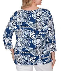 Ruby Rd. Plus Size Knit Tropical Patchwork Print Scoop Neck 3/4 Sleeve Top
