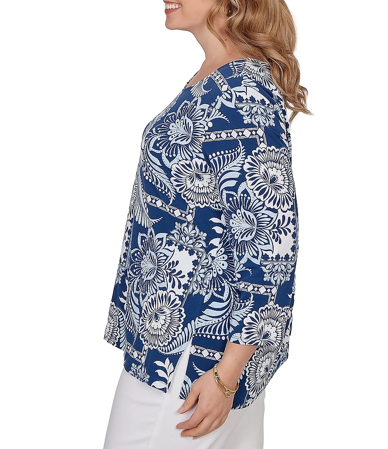 Ruby Rd. Plus Size Knit Tropical Patchwork Print Scoop Neck 3/4 Sleeve Top