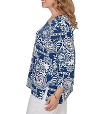 Ruby Rd. Plus Size Knit Tropical Patchwork Print Scoop Neck 3/4 Sleeve Top