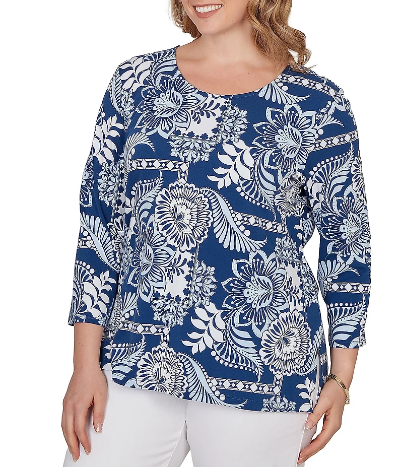 Ruby Rd. Plus Size Knit Tropical Patchwork Print Scoop Neck 3/4 Sleeve Top