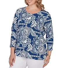 Ruby Rd. Plus Size Knit Tropical Patchwork Print Scoop Neck 3/4 Sleeve Top
