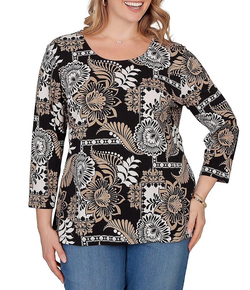 Ruby Rd. Plus Size Knit Tropical Patchwork Print Scoop Neck 3/4 Sleeve Top