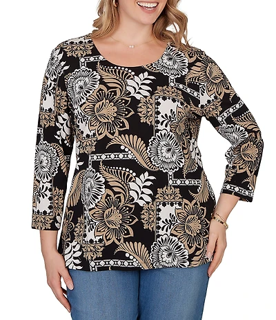 Ruby Rd. Plus Size Knit Tropical Patchwork Print Scoop Neck 3/4 Sleeve Top