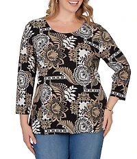 Ruby Rd. Plus Size Knit Tropical Patchwork Print Scoop Neck 3/4 Sleeve Top