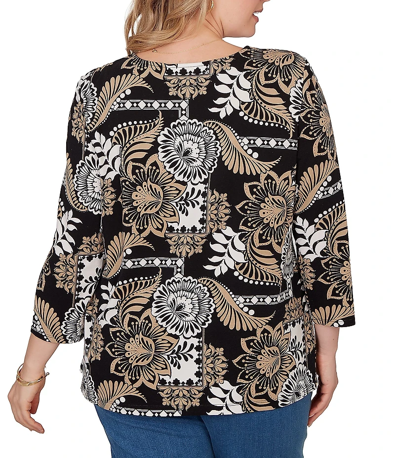 Ruby Rd. Plus Size Knit Tropical Patchwork Print Scoop Neck 3/4 Sleeve Top