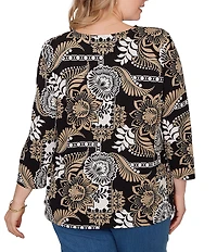 Ruby Rd. Plus Size Knit Tropical Patchwork Print Scoop Neck 3/4 Sleeve Top