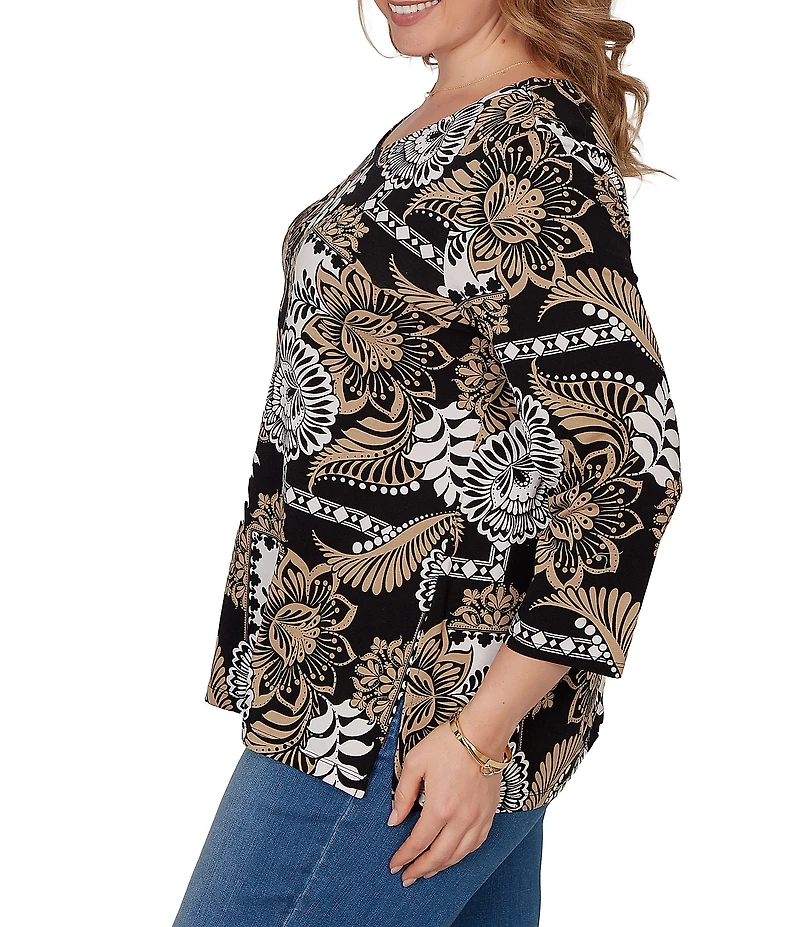 Ruby Rd. Plus Size Knit Tropical Patchwork Print Scoop Neck 3/4 Sleeve Top