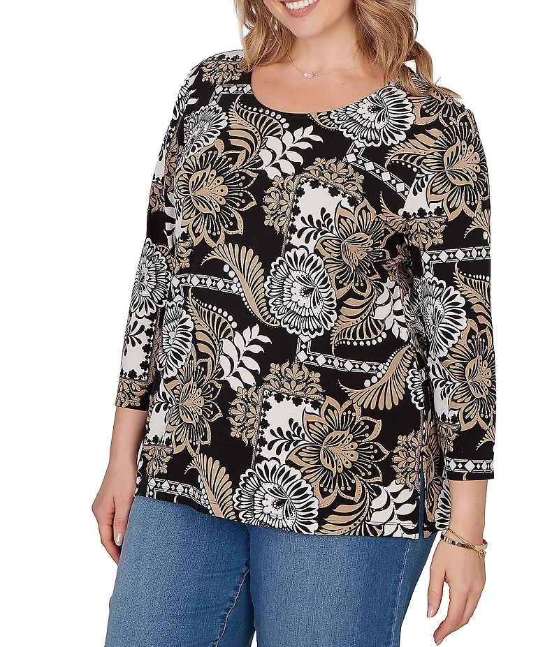 Ruby Rd. Plus Size Knit Tropical Patchwork Print Scoop Neck 3/4 Sleeve Top