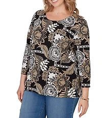 Ruby Rd. Plus Size Knit Tropical Patchwork Print Scoop Neck 3/4 Sleeve Top
