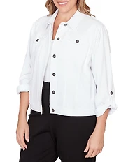 Ruby Rd. Plus Size Knit Twill Point Collar Long Roll-Tab Sleeve Button-Front Jacket