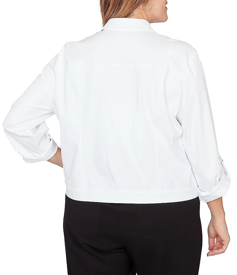 Ruby Rd. Plus Size Knit Twill Point Collar Long Roll-Tab Sleeve Button-Front Jacket