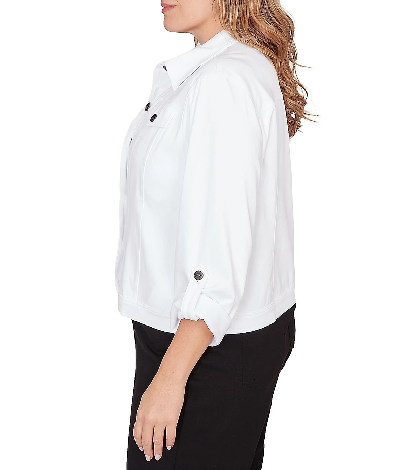 Ruby Rd. Plus Size Knit Twill Point Collar Long Roll-Tab Sleeve Button-Front Jacket