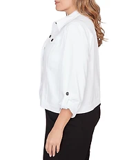 Ruby Rd. Plus Size Knit Twill Point Collar Long Roll-Tab Sleeve Button-Front Jacket