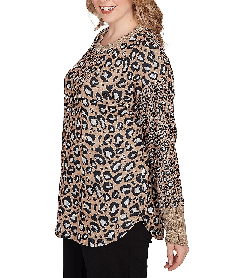 Ruby Rd. Plus Size Leopard Ribbed Crew Neck Long Sleeve Top