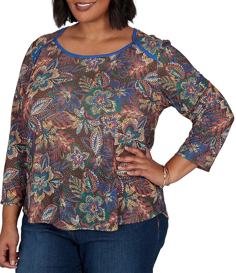 Ruby Rd. Plus Size Lightweight Knit Floral Scoop Neck 3/4 Sleeve Solid Trim Pullover
