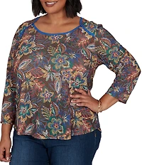 Ruby Rd. Plus Size Lightweight Knit Floral Scoop Neck 3/4 Sleeve Solid Trim Pullover