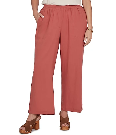 Ruby Rd. Plus Size Lightweight Ramie Lace Trim Sideseam Detail Wide Leg Pull-On Pants