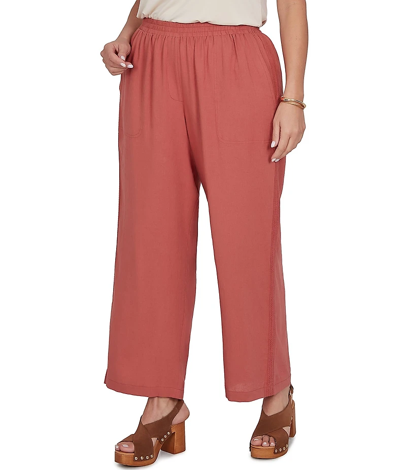 Ruby Rd. Plus Size Lightweight Ramie Lace Trim Sideseam Detail Wide Leg Pull-On Pants
