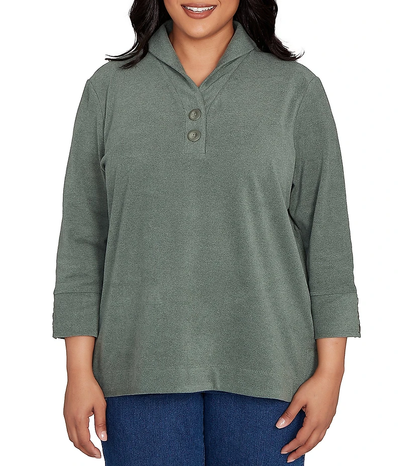 Ruby Rd. Plus Size Luxe Ribbed Knit Y-Neck 3/4 Sleeve Coordinating Top