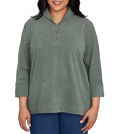 Ruby Rd. Plus Size Luxe Ribbed Knit Y-Neck 3/4 Sleeve Coordinating Top