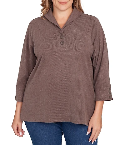 Ruby Rd. Plus Size Luxe Ribbed Knit Y-Neck 3/4 Sleeve Coordinating Top