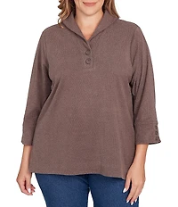 Ruby Rd. Plus Size Luxe Ribbed Knit Y-Neck 3/4 Sleeve Coordinating Top