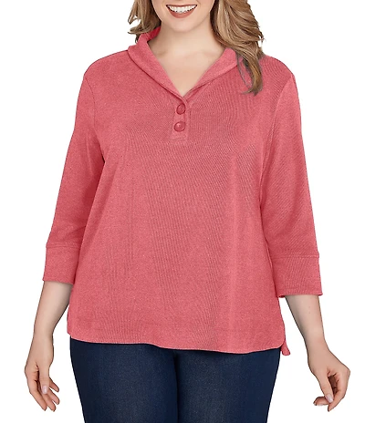 Ruby Rd. Plus Size Luxe Ribbed Knit Y-Neck 3/4 Sleeve Coordinating Top