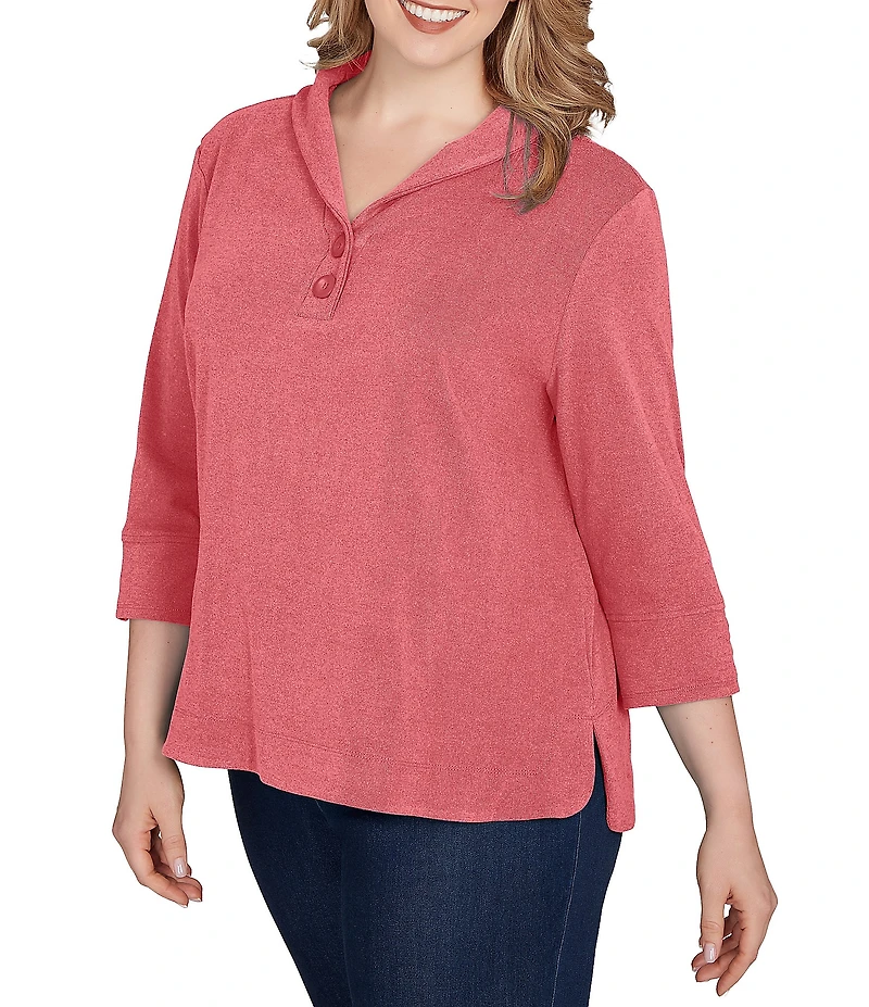 Ruby Rd. Plus Size Luxe Ribbed Knit Y-Neck 3/4 Sleeve Coordinating Top