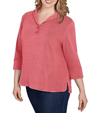 Ruby Rd. Plus Size Luxe Ribbed Knit Y-Neck 3/4 Sleeve Coordinating Top